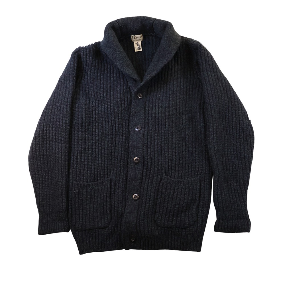 L.L. Bean Mens‎ XL Cardigan Sweater Navy Blue Lambswool Shawl Collar 511548